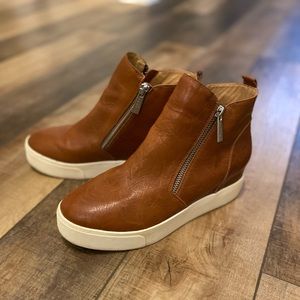 J Slides side zipper wedge booties brown leather